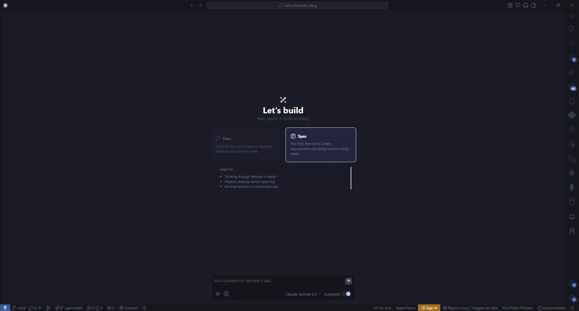 Kiro code editor interface showing modern UI
