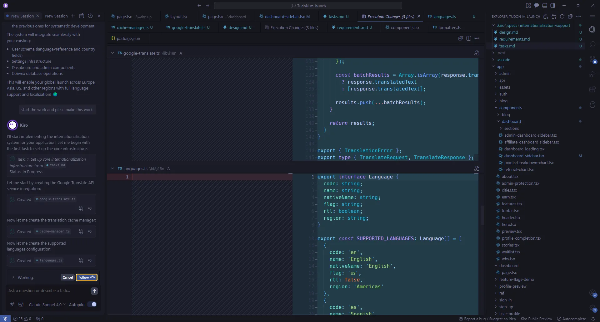 Code review screen in Kiro showing diff view